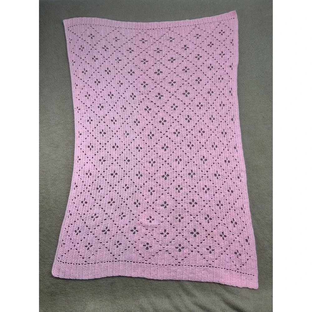 Handmade Pink Crochet Baby Blanket Floral Lace Toddler Crib Afghan 46X36‎